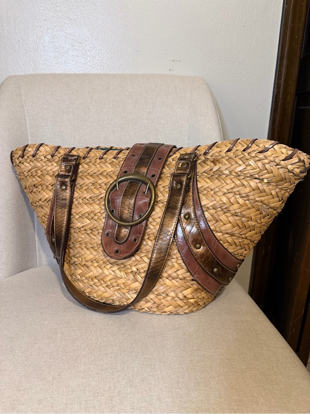 Nine West Woven Straw Tote with Brown Leather Accents